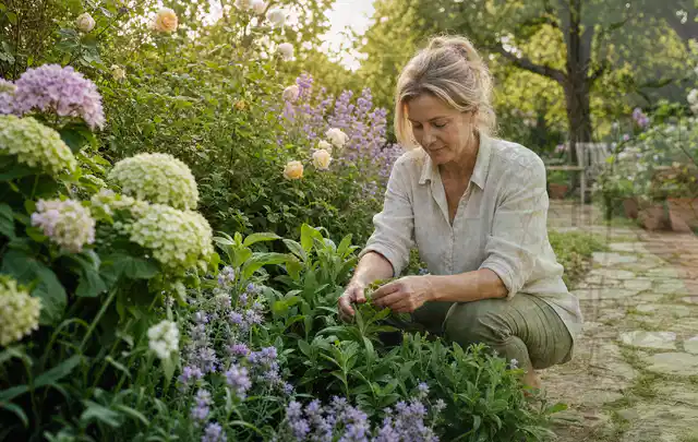 Person pflegt üppige Pflanzen in einem natürlich beleuchteten Garten; Thema Wildblumen, Schwerpunkt Pflanzenschutz; Praxisalltag.
