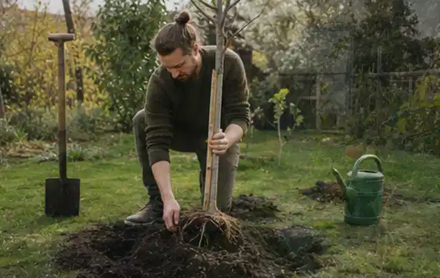 Person setzt einen jungen Zierbaum in ein vorbereitetes Pflanzloch im Garten; Thema Wildblumen, Schwerpunkt Pflanzpartner; Ausgangslage.