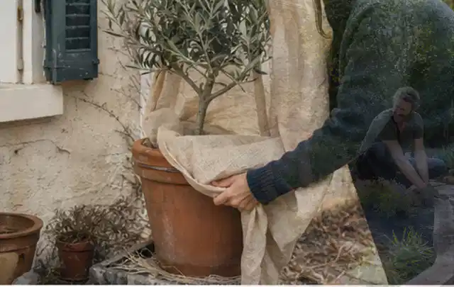 Person umhüllt eine mediterrane Kübelpflanze mit atmungsaktivem Winterschutz; Thema Wildblumen, Schwerpunkt Pflanzpartner; Ergebnis.