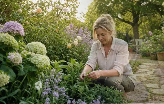 Person pflegt üppige Pflanzen in einem natürlich beleuchteten Garten; Thema Wildblumen, Schwerpunkt Rückschnitt; Umsetzung.