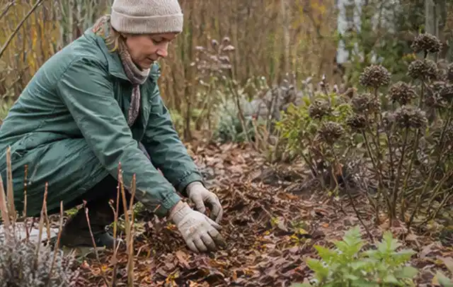 Person verteilt eine schützende Mulchschicht zwischen winterlichen Stauden; Thema Wildblumen, Schwerpunkt Rückschnitt; Praxisalltag.
