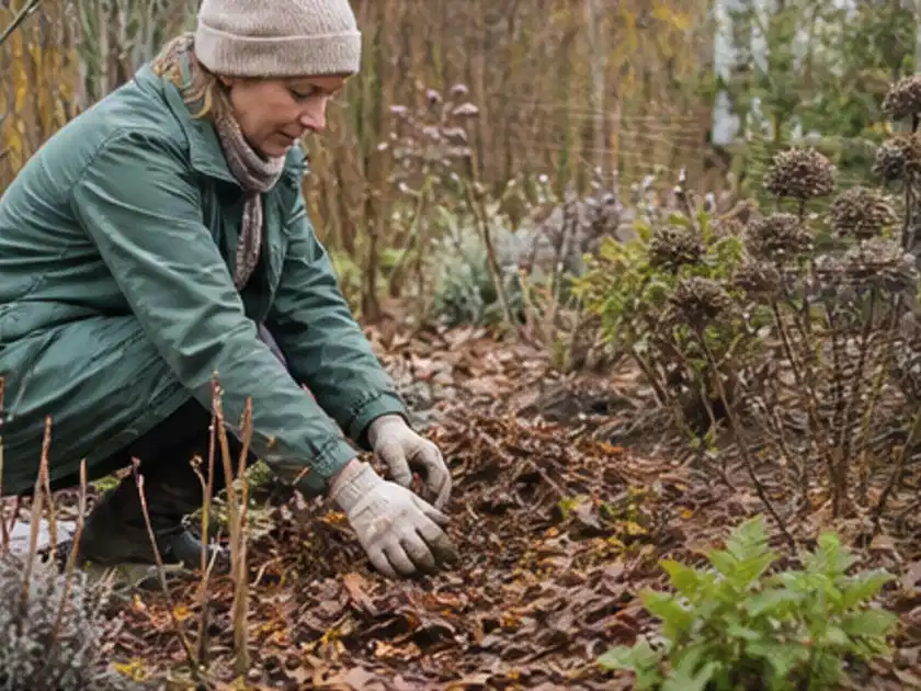 Person verteilt eine schützende Mulchschicht zwischen winterlichen Stauden; Thema Wildblumen, Schwerpunkt Sortenwahl; Titelbild.