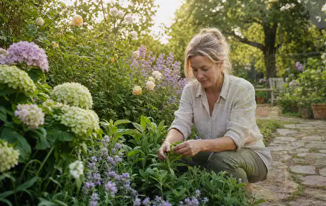 Person pflegt üppige Pflanzen in einem natürlich beleuchteten Garten; Thema Wildblumen, Schwerpunkt Standort; Praxisalltag.