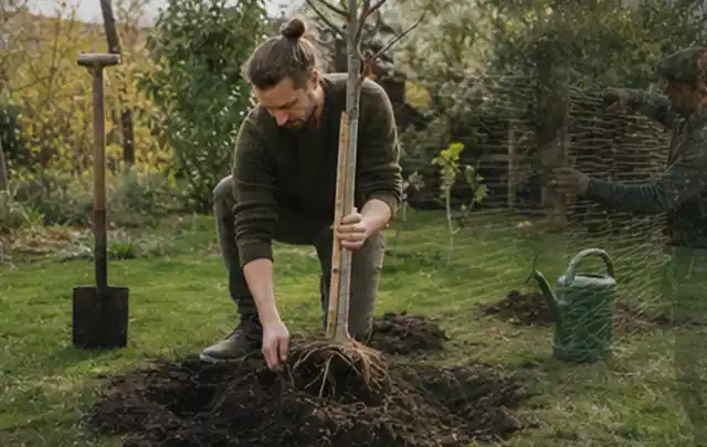 Person setzt einen jungen Zierbaum in ein vorbereitetes Pflanzloch im Garten; Thema Wildblumen, Schwerpunkt Vermehrung; Kontrolle.