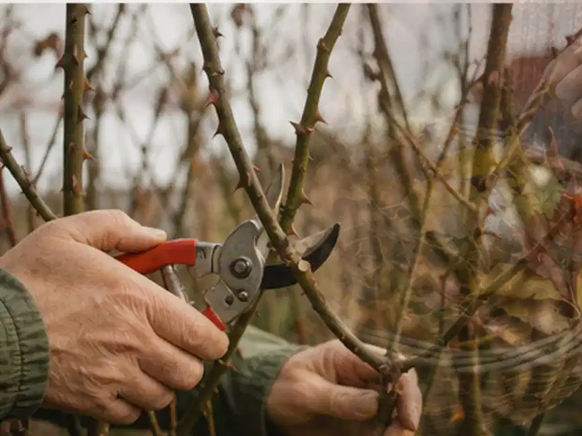 Hände schneiden einen älteren Rosenstrauch mit einer sauberen Gartenschere; Thema Wildblumen, Schwerpunkt Wachstum; Titelbild.