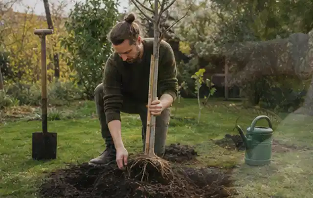 Person setzt einen jungen Zierbaum in ein vorbereitetes Pflanzloch im Garten; Thema Winterblüher, Schwerpunkt Bewässerung; Praxisalltag.