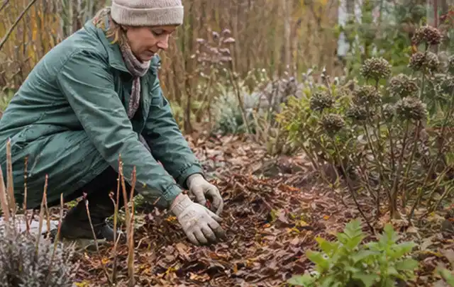 Person verteilt eine schützende Mulchschicht zwischen winterlichen Stauden; Thema Winterblüher, Schwerpunkt Blumen; Ergebnis.