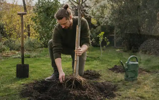 Person setzt einen jungen Zierbaum in ein vorbereitetes Pflanzloch im Garten; Thema Winterblüher, Schwerpunkt Boden; Ausgangslage.