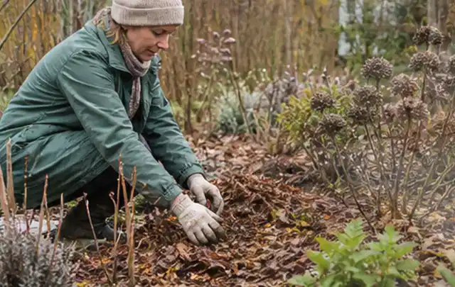 Person verteilt eine schützende Mulchschicht zwischen winterlichen Stauden; Thema Winterblüher, Schwerpunkt Boden; Umsetzung.