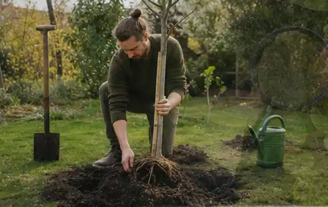 Person setzt einen jungen Zierbaum in ein vorbereitetes Pflanzloch im Garten; Thema Winterblüher, Schwerpunkt Düngung; Umsetzung.