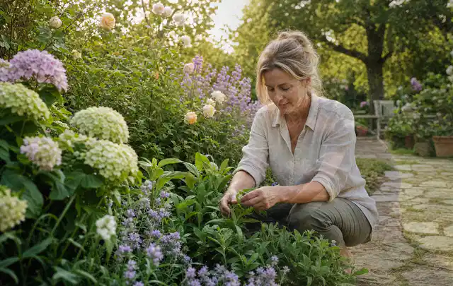 Person pflegt üppige Pflanzen in einem natürlich beleuchteten Garten; Thema Winterblüher, Schwerpunkt Düngung; Praxisalltag.