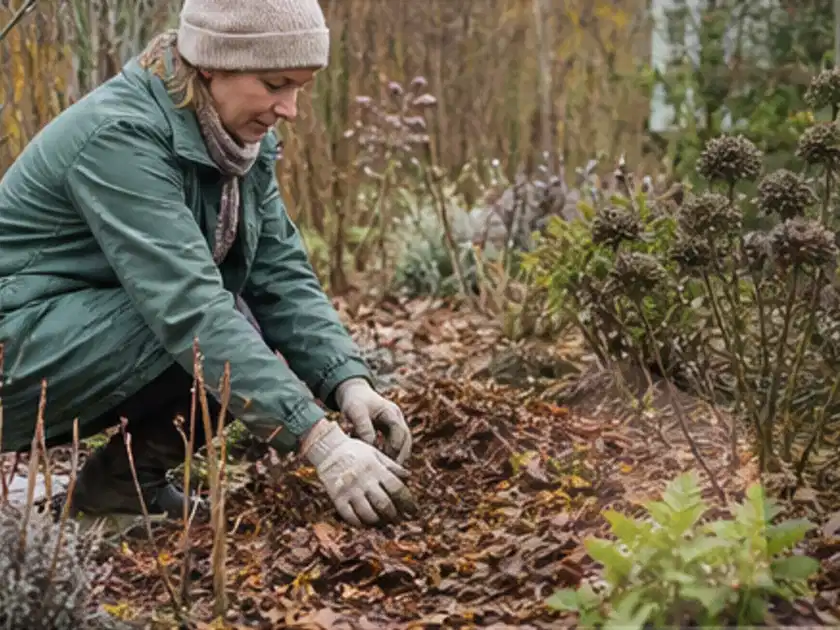 Person verteilt eine schützende Mulchschicht zwischen winterlichen Stauden; Thema Winterblüher, Schwerpunkt Einsteigerwissen; Titelbild.