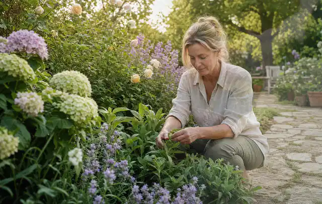 Person pflegt üppige Pflanzen in einem natürlich beleuchteten Garten; Thema Winterblüher, Schwerpunkt Gartenpraxis; Kontrolle.