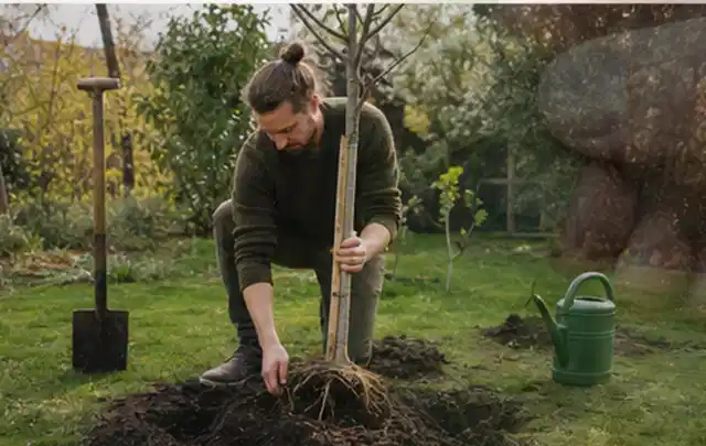 Person setzt einen jungen Zierbaum in ein vorbereitetes Pflanzloch im Garten; Thema Winterblüher, Schwerpunkt Gartenpraxis; Ergebnis.