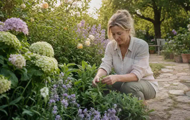 Person pflegt üppige Pflanzen in einem natürlich beleuchteten Garten; Thema Winterblüher, Schwerpunkt Jahrespflege; Umsetzung.