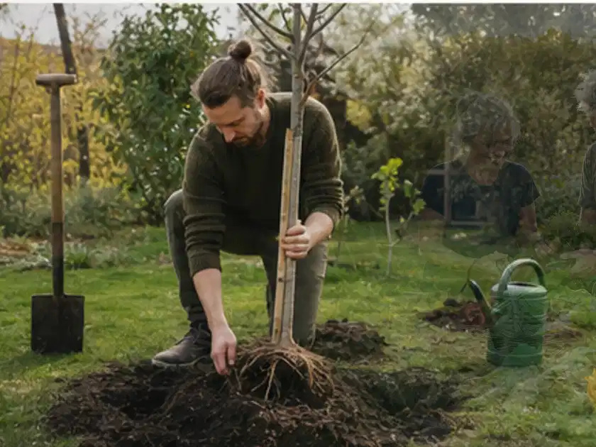 Person setzt einen jungen Zierbaum in ein vorbereitetes Pflanzloch im Garten; Thema Winterblüher, Schwerpunkt Kaufberatung; Titelbild.