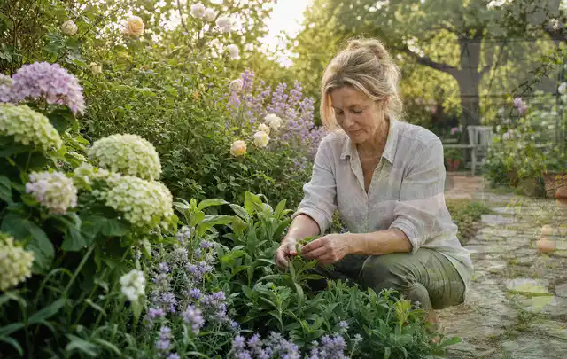 Person pflegt üppige Pflanzen in einem natürlich beleuchteten Garten; Thema Winterblüher, Schwerpunkt Kaufberatung; Ausgangslage.