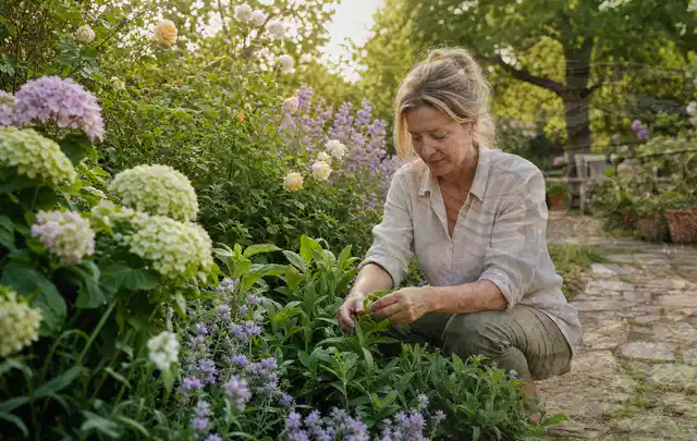 Person pflegt üppige Pflanzen in einem natürlich beleuchteten Garten; Thema Winterblüher, Schwerpunkt Pflanzengesundheit; Kontrolle.