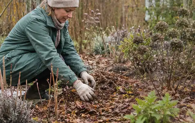 Person verteilt eine schützende Mulchschicht zwischen winterlichen Stauden; Thema Winterblüher, Schwerpunkt Pflanzenschutz; Ergebnis.