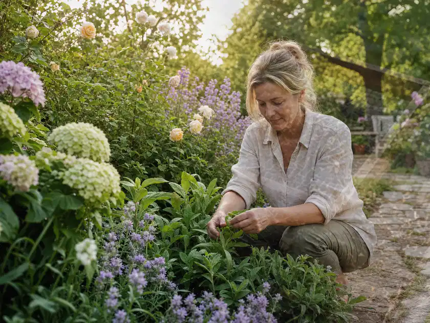 Person pflegt üppige Pflanzen in einem natürlich beleuchteten Garten; Thema Winterblüher, Schwerpunkt Pflanzpartner; Titelbild.