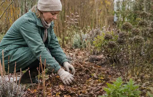 Person verteilt eine schützende Mulchschicht zwischen winterlichen Stauden; Thema Winterblüher, Schwerpunkt Pflanzpartner; Kontrolle.