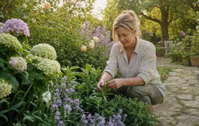 Person pflegt üppige Pflanzen in einem natürlich beleuchteten Garten; Thema Winterblüher, Schwerpunkt Problemlösung; Kontrolle.