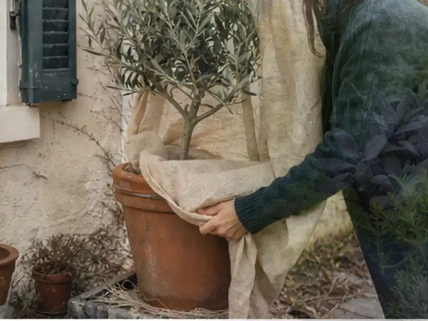 Person umhüllt eine mediterrane Kübelpflanze mit atmungsaktivem Winterschutz; Thema Winterblüher, Schwerpunkt Rückschnitt; Titelbild.