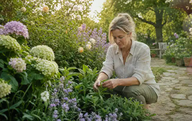 Person pflegt üppige Pflanzen in einem natürlich beleuchteten Garten; Thema Winterblüher, Schwerpunkt Rückschnitt; Praxisalltag.