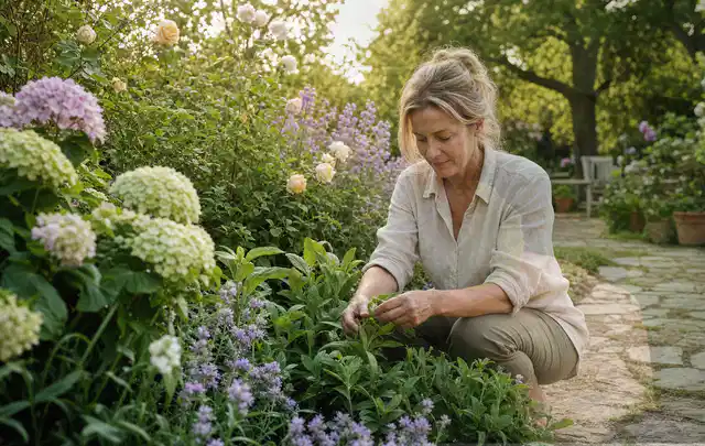 Person pflegt üppige Pflanzen in einem natürlich beleuchteten Garten; Thema Winterblüher, Schwerpunkt Sortenwahl; Ausgangslage.