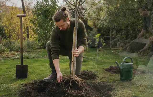 Person setzt einen jungen Zierbaum in ein vorbereitetes Pflanzloch im Garten; Thema Winterblüher, Schwerpunkt Sortenwahl; Umsetzung.