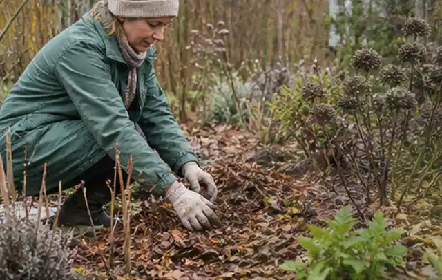 Person verteilt eine schützende Mulchschicht zwischen winterlichen Stauden; Thema Winterblüher, Schwerpunkt Standort; Umsetzung.