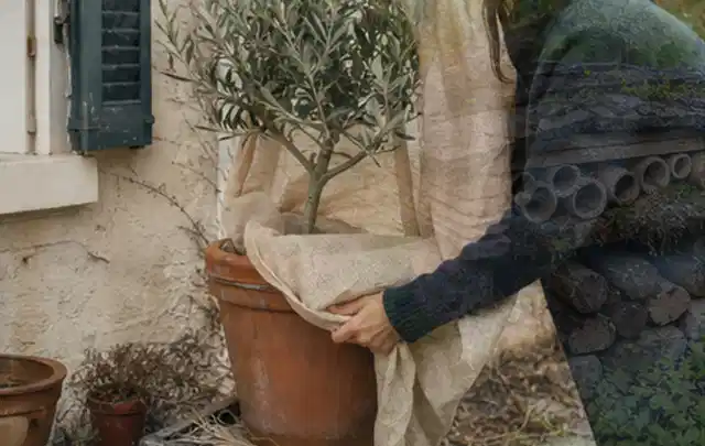 Person umhüllt eine mediterrane Kübelpflanze mit atmungsaktivem Winterschutz; Thema Winterblüher, Schwerpunkt Standort; Ergebnis.