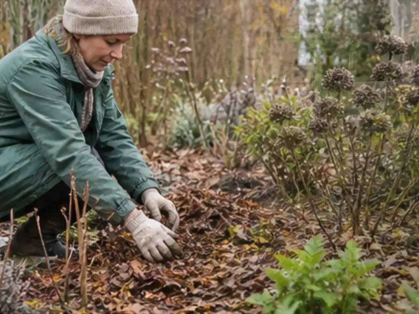 Person verteilt eine schützende Mulchschicht zwischen winterlichen Stauden; Thema Winterblüher, Schwerpunkt Topfkultur; Titelbild.
