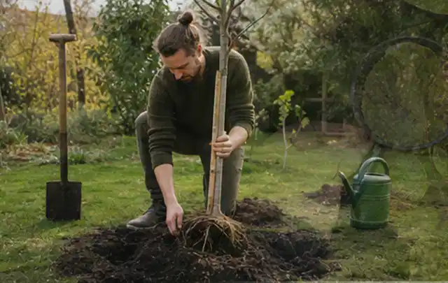 Person setzt einen jungen Zierbaum in ein vorbereitetes Pflanzloch im Garten; Thema Winterblüher, Schwerpunkt Topfkultur; Ergebnis.