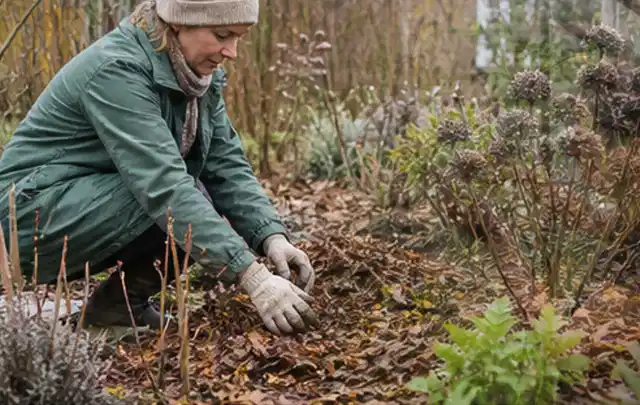 Person verteilt eine schützende Mulchschicht zwischen winterlichen Stauden; Thema Winterblüher, Schwerpunkt Wachstum; Ausgangslage.