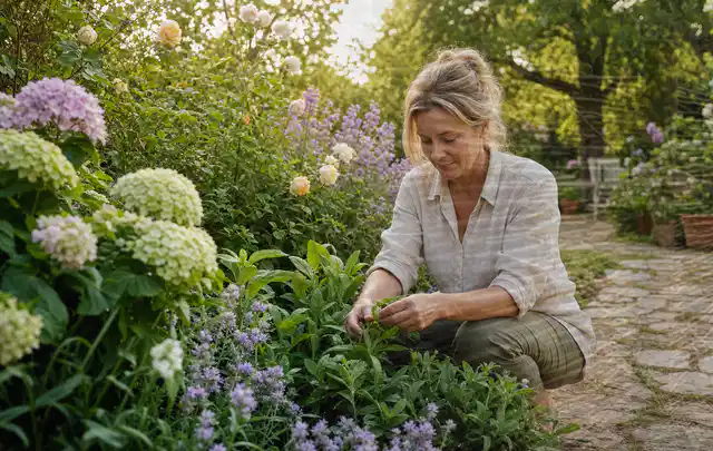 Person pflegt üppige Pflanzen in einem natürlich beleuchteten Garten; Thema Winterblüher, Schwerpunkt Winterpflege; Ergebnis.