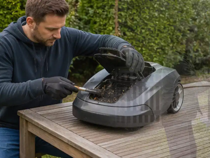 Person wartet einen geöffneten Mähroboter auf einem stabilen Gartentisch; Thema Worx Landroid, Schwerpunkt Anwendung; Titelbild.