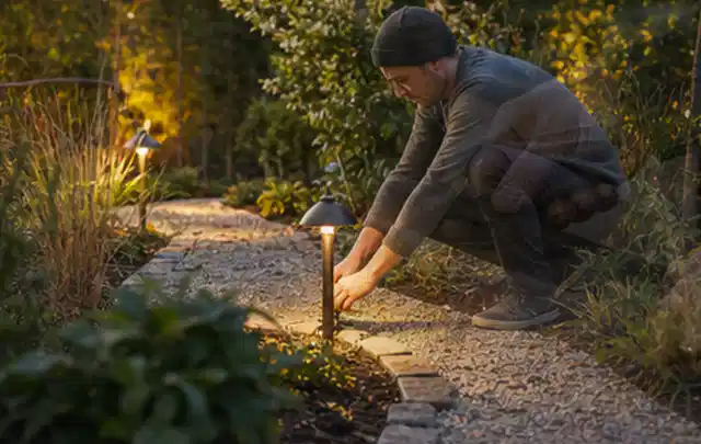 Person richtet eine niedrige warm leuchtende Gartenlampe am Kiesweg aus; Thema Worx Landroid, Schwerpunkt Anwendung; Praxisalltag.