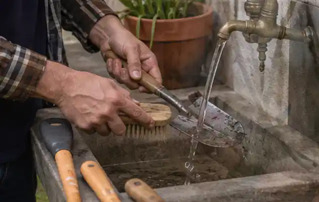 Hände reinigen gebrauchte Gartengeräte mit Bürste und Wasser am Außenbecken; Thema Worx Landroid, Schwerpunkt Bestenliste; Kontrolle.