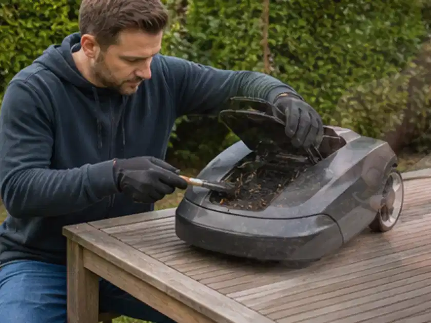 Person wartet einen geöffneten Mähroboter auf einem stabilen Gartentisch; Thema Worx Landroid, Schwerpunkt Dimensionierung; Titelbild.