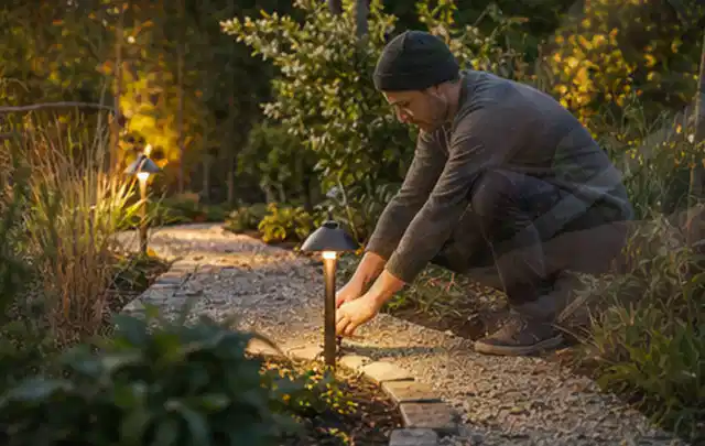 Person richtet eine niedrige warm leuchtende Gartenlampe am Kiesweg aus; Thema Worx Landroid, Schwerpunkt Dimensionierung; Ausgangslage.