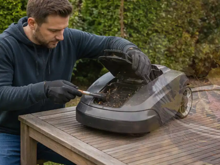 Person wartet einen geöffneten Mähroboter auf einem stabilen Gartentisch; Thema Worx Landroid, Schwerpunkt Gärten mit großer Fläche; Titelbild.