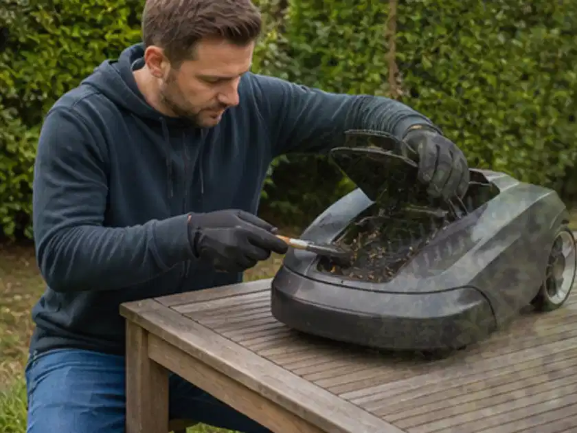 Person wartet einen geöffneten Mähroboter auf einem stabilen Gartentisch; Thema Worx Landroid, Schwerpunkt Kaufberatung; Titelbild.