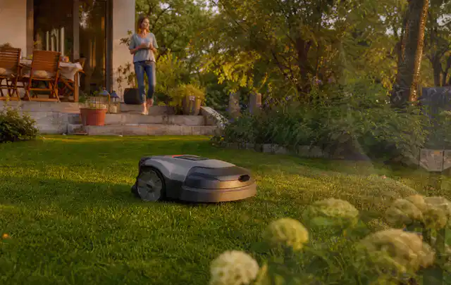 Mähroboter fährt am Abend über einen Rasen im Familiengarten; Thema Worx Landroid, Schwerpunkt Kaufberatung; Umsetzung.