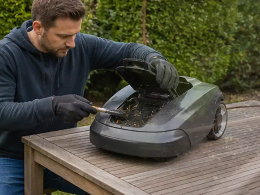 Person wartet einen geöffneten Mähroboter auf einem stabilen Gartentisch; Thema Worx Landroid, Schwerpunkt Kosten; Titelbild.