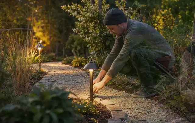 Person richtet eine niedrige warm leuchtende Gartenlampe am Kiesweg aus; Thema Worx Landroid, Schwerpunkt Kosten; Umsetzung.