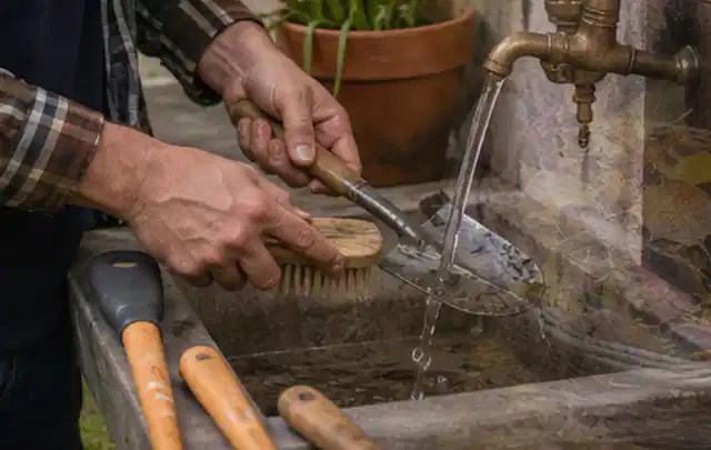 Hände reinigen gebrauchte Gartengeräte mit Bürste und Wasser am Außenbecken; Thema Worx Landroid, Schwerpunkt Kosten; Kontrolle.