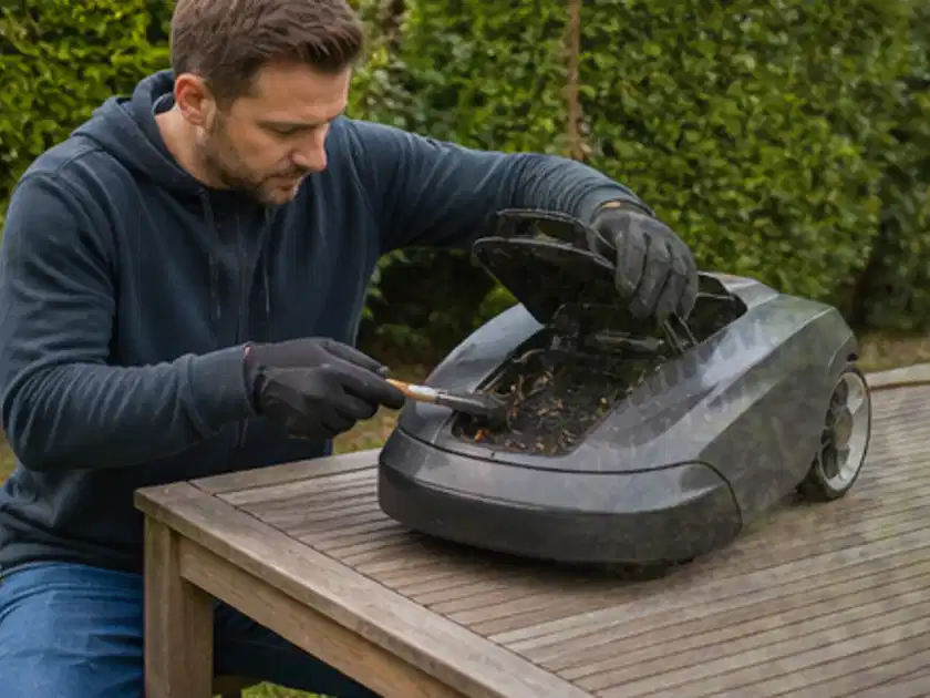 Person wartet einen geöffneten Mähroboter auf einem stabilen Gartentisch; Thema Worx Landroid, Schwerpunkt Leistung; Titelbild.