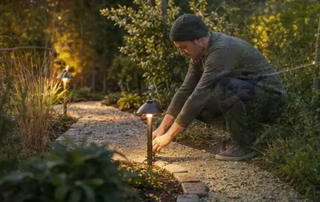 Person richtet eine niedrige warm leuchtende Gartenlampe am Kiesweg aus; Thema Worx Landroid, Schwerpunkt Leistung; Praxisalltag.