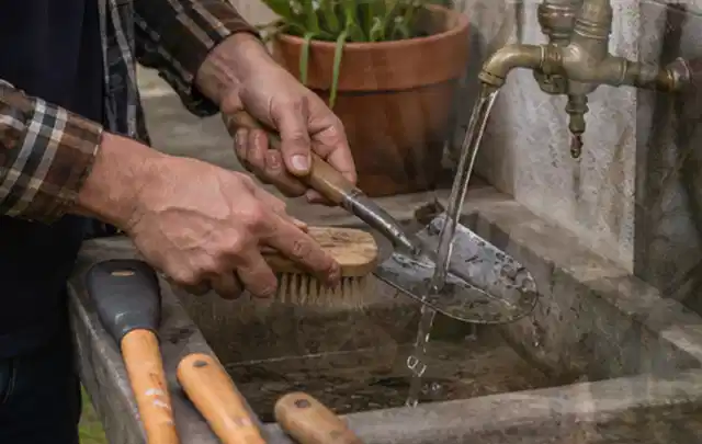 Hände reinigen gebrauchte Gartengeräte mit Bürste und Wasser am Außenbecken; Thema Worx Landroid, Schwerpunkt Nachhaltigkeit; Kontrolle.